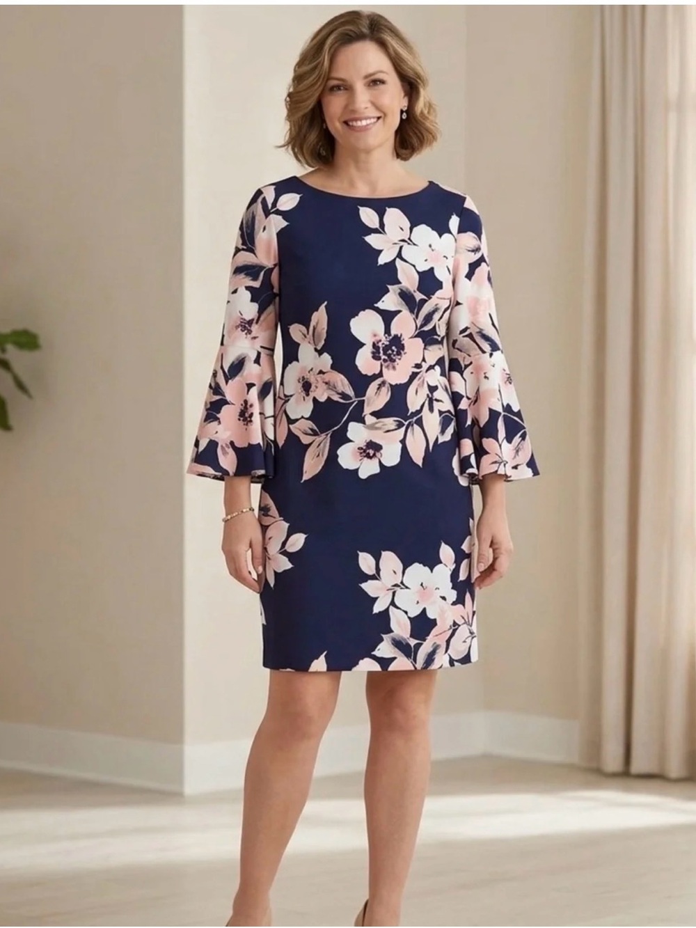 Floral Bell-Sleeve Shift Dress in Navy and Blush- Eliza J